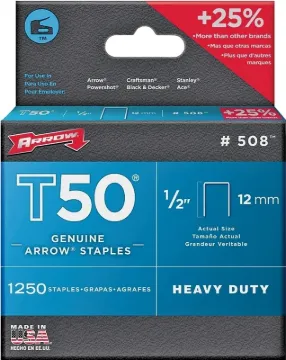 Arrow Fastener  T50  3/8 in. W x 1/2 in. L 18 Ga. Flat Crown  Heavy Duty Staples  1250 pk