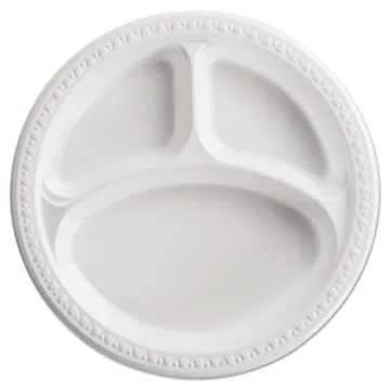 Heavyweight Plastic 3 Compartment Plates, 10 1/4" Dia, White, 125/PK, 4 PK/CT