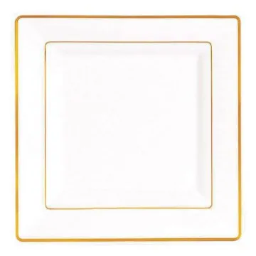 Square White Plate with Golden Rim, 10/Pack, 12/Case