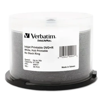 Inkjet Printable DVD+R Discs, 4.7GB, 16x, Spindle, White, 50/Pack