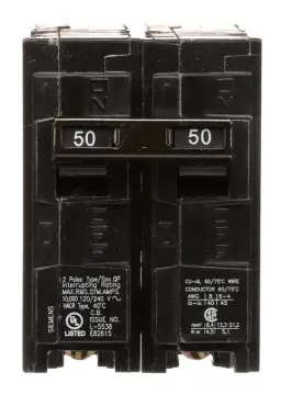 Siemens Q250 Circuit Breaker, Miniature, 50 A, 2-Pole, 120/240 V, Fixed Trip, Plug-In Mounting