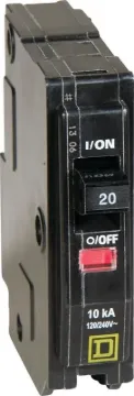 Square D QO QO120CP Circuit Breaker, Miniature, 20 A, 1-Pole, 120/240 VAC, 48 VDC, Fixed Trip, Plug-