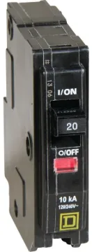 Square D QO QO120C Circuit Breaker, Miniature, 20 A, 1-Pole, 120/240 VAC, 48 VDC, Thermal Magnetic T