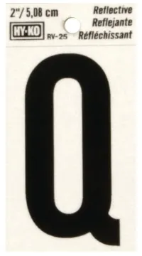HY-KO RV-25/Q Reflective Letter, Character: Q, 2 in H Character, Black Character, Silver Background,