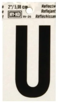 HY-KO RV-25/U Reflective Letter, Character: U, 2 in H Character, Black Character, Silver Background,