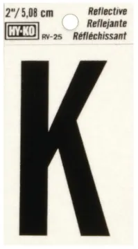HY-KO RV-25/K Reflective Letter, Character: K, 2 in H Character, Black Character, Silver Background,
