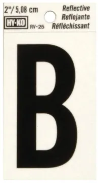 HY-KO RV-25/B Reflective Letter, Character: B, 2 in H Character, Black Character, Silver Background,