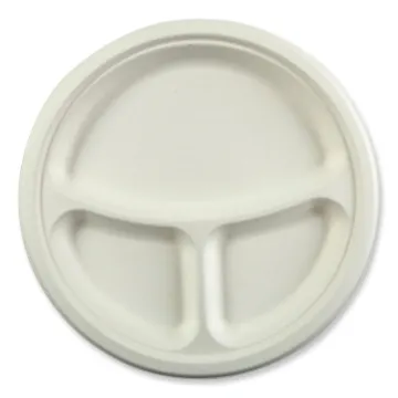 Bagasse PFAS-Free Dinnerware, 3-Compartment Plate, 10.24" dia, White, 500/Carton