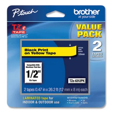 TZe Standard Adhesive Laminated Labeling Tape, 0.47" x 26.2 ft, Black on Yellow, 2/Pack