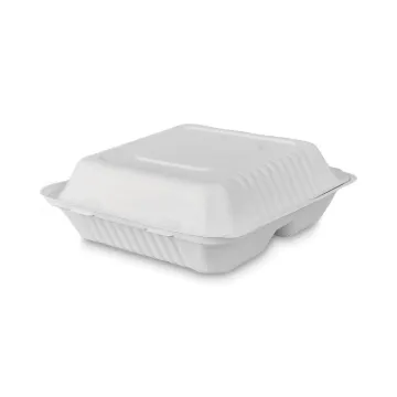 Tree-Free Farm to Paper Agricultural Waste Clamshell Container, 3-Compartment 8 x 8 x 3, White Sugar