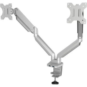 Platinum Series Dual Monitor Arm, For 27" Monitors, 360 deg Rotation, 45 deg Tilt, 180 deg Pan, Silv