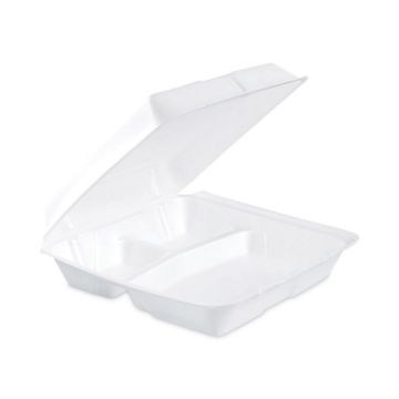 Insulated Foam Hinged Lid Containers, 3-Compartment, 9.3 x 9.5 x 3, White, 200/Pack, 2 Packs/Carton