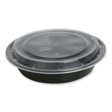 Food Container with Lid, 48 oz, 8.85 x 8.85 x 2.24, Black/Clear, Plastic, 150/Carton