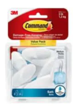 Medium Bath Hooks Value Pack, Plastic, White, 3 lb Capacity, 6 Hooks and 6 Strips