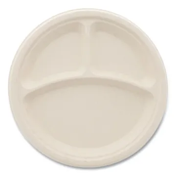 Bagasse PFAS-Free Dinnerware, Plate, 10" dia, 3-Compartment, White, 500/Carton