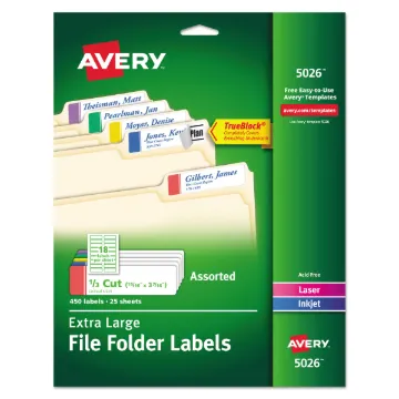 Extra-Large TrueBlock File Folder Labels with Sure Feed Technology, 0.94 x 3.44, White, 18/Sheet, 25
