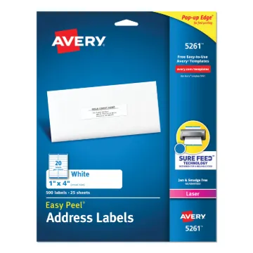 Easy Peel White Address Labels w/ Sure Feed Technology, Laser Printers, 1 x 4, White, 20/Sheet, 25 S