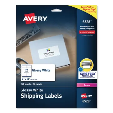 Glossy White Easy Peel Mailing Labels w/ Sure Feed Technology, Laser Printers, 2 x 4, White, 10/Shee