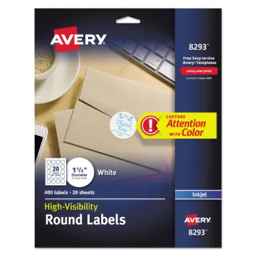 Vibrant Inkjet Color-Print Labels w/ Sure Feed, 1 1/2" dia, White, 400/PK