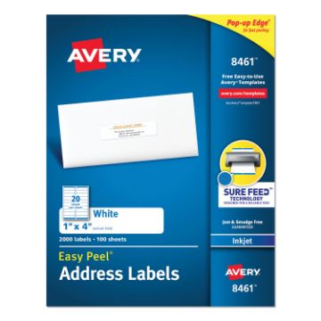 Easy Peel White Address Labels w/ Sure Feed Technology, Inkjet Printers, 1 x 4, White, 20/Sheet, 100