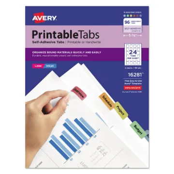 Printable Plastic Tabs with Repositionable Adhesive, 1/5-Cut Tabs, Assorted Colors, 1.25" Wide, 96/P