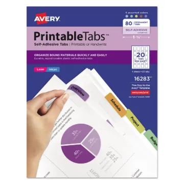Printable Plastic Tabs with Repositionable Adhesive, 1/5-Cut Tabs, Assorted Colors, 1.75" Wide, 80/P