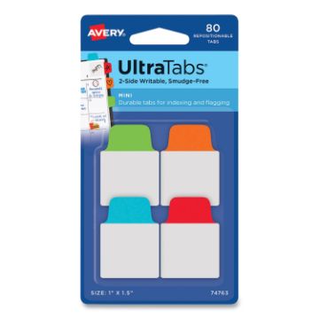 Ultra Tabs Repositionable Mini Tabs, 1/5-Cut Tabs, Assorted Primary Colors, 1" Wide, 80/Pack