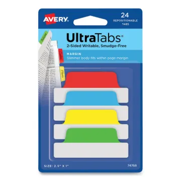 Ultra Tabs Repositionable Margin Tabs, 1/5-Cut Tabs, Assorted Primary Colors, 2.5" Wide, 24/Pack