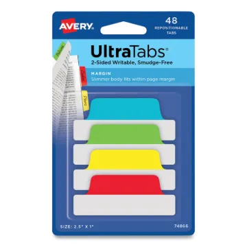 Ultra Tabs Repositionable Margin Tabs, 1/5-Cut Tabs, Assorted Primary Colors, 2.5" Wide, 48/Pack