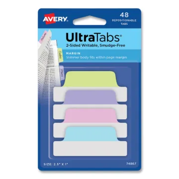 Ultra Tabs Repositionable Margin Tabs, 1/5-Cut Tabs, Assorted Pastels, 2.5" Wide, 48/Pack