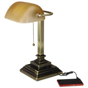Traditional Banker's Lamp with USB, 10"w x 10"d x 15"h, Antique Brass