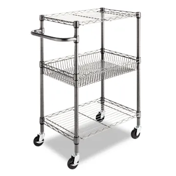Three-Tier Wire Cart with Basket, 28w x 16d x 39h, Black Anthracite