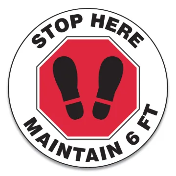 Slip-Gard Social Distance Floor Signs, 12" Circle, "Stop Here Maintain 6 ft", Footprint, Red/White,