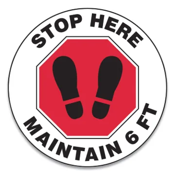 Slip-Gard Social Distance Floor Signs, 17" Circle, "Stop Here Maintain 6 ft", Footprint, Red/White,