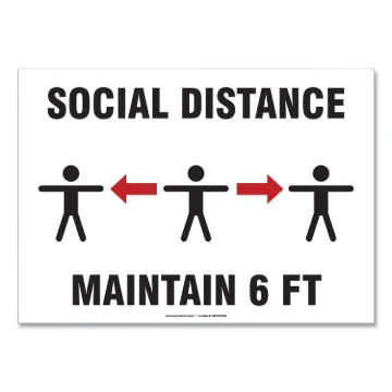 Social Distance Signs, Wall, 10 x 7, "Social Distance Maintain 6 ft", 3 Humans/Arrows, White, 10/Pac