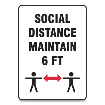 Social Distance Signs, Wall, 7 x 10, "Social Distance Maintain 6 ft", 2 Humans/Arrows, White, 10/Pac