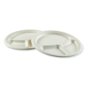 Bagasse Molded Fiber Dinnerware, 3-Compartment Plate, 10" Diameter, White, 500/Carton