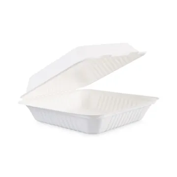 Bagasse Molded Fiber Food Containers, Hinged-Lid, 1-Compartment 9 x 9 x 3.19, White, 100/Sleeve, 2 S