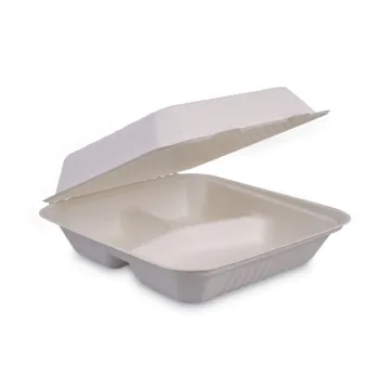 Bagasse Molded Fiber Food Containers, Hinged-Lid, 3-Compartment 9 x 9 x 3.19, White, 100/Sleeve, 2 S
