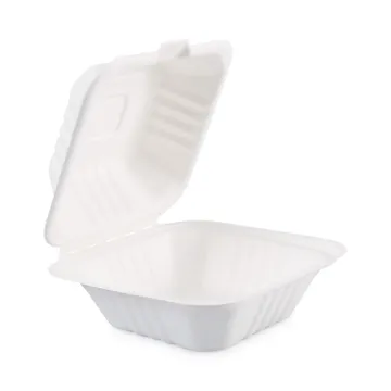 Bagasse Molded Fiber Food Containers, Hinged-Lid, 1-Compartment 6 x 6 x 3.19, White, 125/Sleeve, 4 S