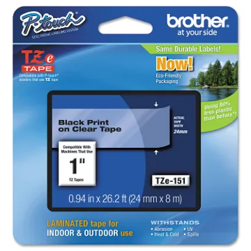 TZe Standard Adhesive Laminated Labeling Tape, 0.94" x 26.2 ft, Black on Clear