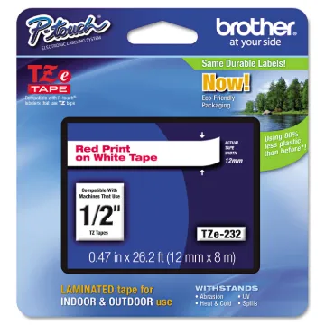 TZe Standard Adhesive Laminated Labeling Tape, 0.47" x 26.2 ft, Red on White