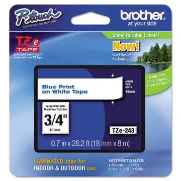 TZe Standard Adhesive Laminated Labeling Tape, 0.7" x 26.2 ft, Blue on White