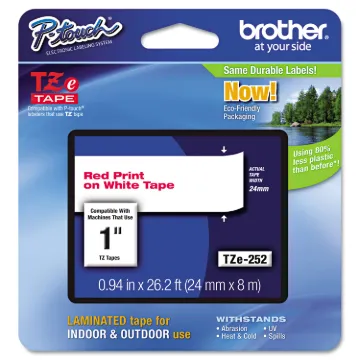TZe Standard Adhesive Laminated Labeling Tape, 0.94" x 26.2 ft, Red on White