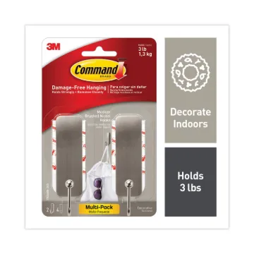 Decorative Hooks, Medium, Brushed Nickel, 2 Hook and 4 Strips/Pack