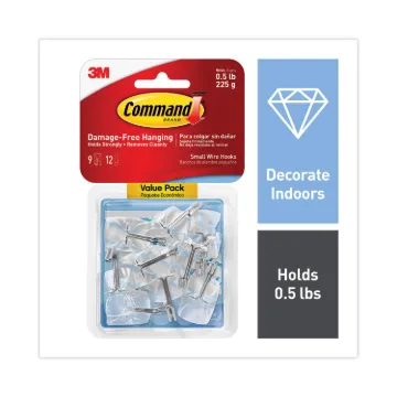 Clear Hooks and Strips, Plastic/Wire, Small, 9 Hooks with 12 Adhesive Strips per Pack