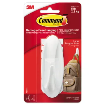General Purpose Hooks, Large, 5 lb Cap, White, 1 Hook and 2 Strips/Pack