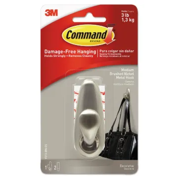 Adhesive Mount Metal Hook, Medium, Brushed Nickel Finish, 1 Hook and 2 Strips/Pack