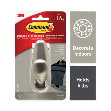 Adhesive Mount Metal Hook, Large, Brushed Nickel Finish, 1 Hook and 2 Strips/Pack