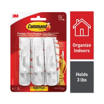 General Purpose Hooks Multi-Pack, Medium, 3 lb Cap, White, 6 Hooks and 12 Strips/Pack
